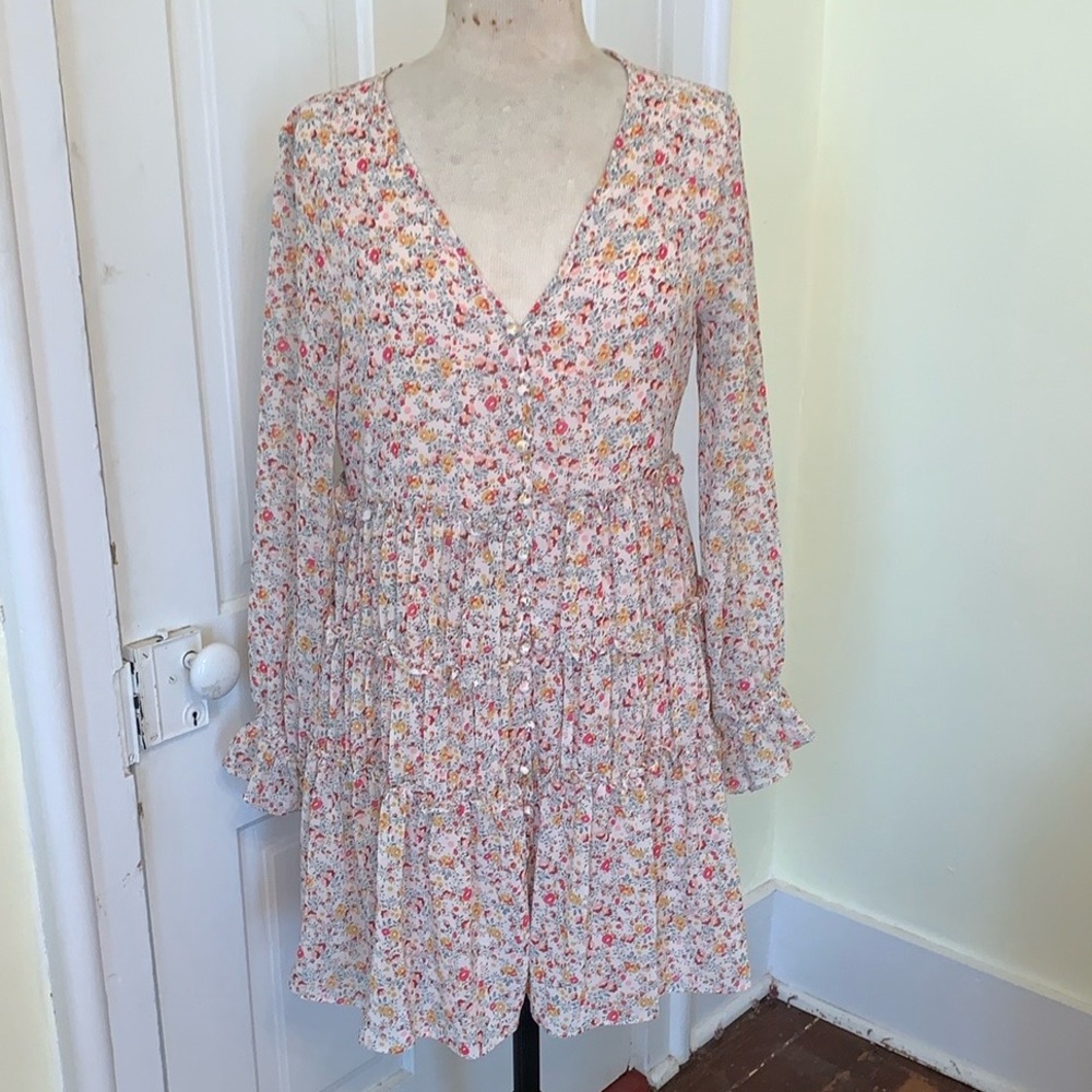 Vernacular Mini Dress Pink Floral Tiered Button Down Babydoll Long Sleeves M